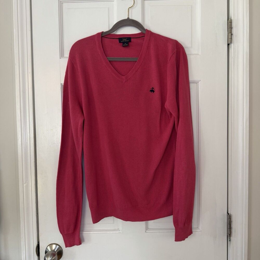 Brooks Brothers 346 Womens M Pink Linen Cotton V Neck Sweater Embroidered Logo